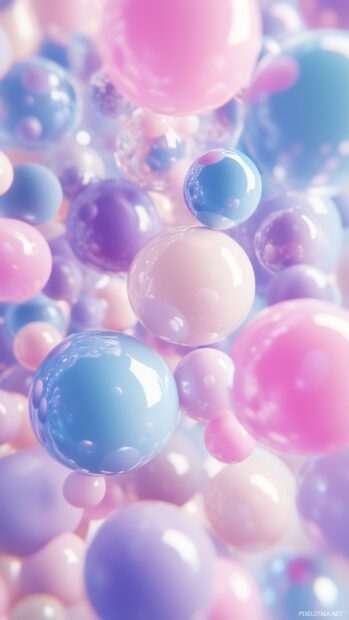 A 3D rendering of cute, floating bubbles with soft pastel colors, gently arranged in a minimalist space, creating a playful yet elegant scene.