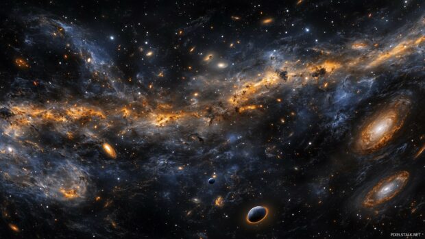 A 3D rendering of outer space with distant galaxies, swirling nebulae, and planets orbiting in a vast cosmic landscape.