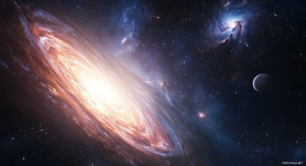 A 3D rendering of outer space with distant galaxies, swirling nebulae, and planets orbiting in a vast cosmic landscape.