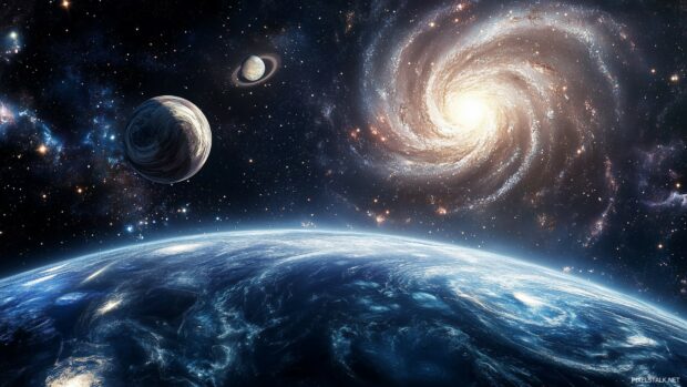 A 3D rendering of outer space with distant galaxies, swirling nebulae, and planets orbiting in a vast cosmic landscape.