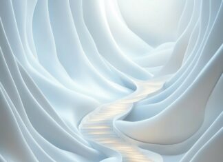 A 3D spiral staircase with smooth, flowing lines, illuminated by soft, gradient lighting.