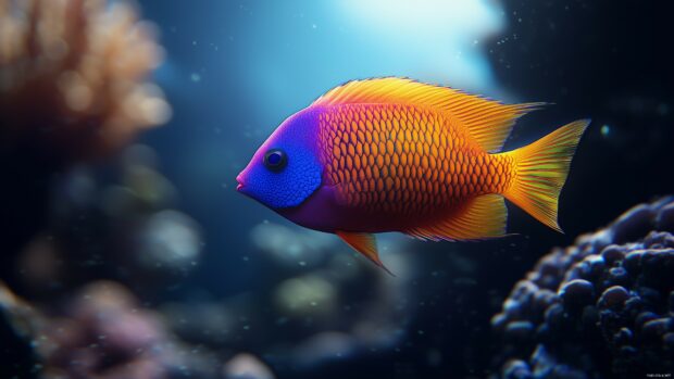 A 3D tropical fish desktop wallpaper.