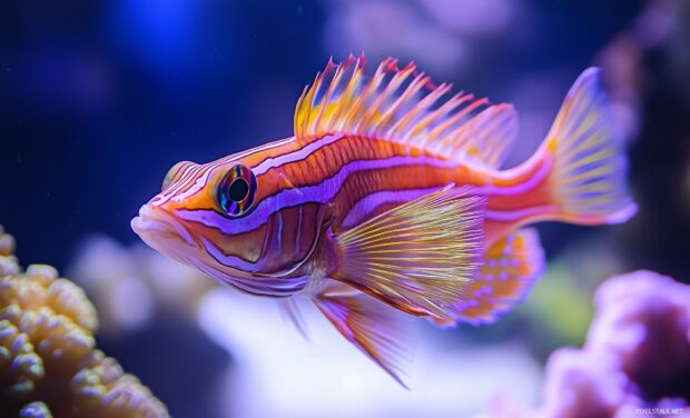 A 3D tropical fish with bright, striking colors swimming near the ocean floor.