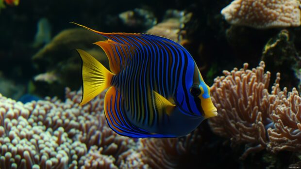 A 3D tropical fish with bright, striking colors swimming near the ocean floor, surrounded by coral and soft underwater lights.