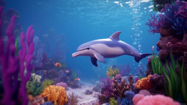 A 3D underwater world with colorful fish, coral reefs, and friendly dolphins, creating an enchanting and educational ocean themed wallpaper.