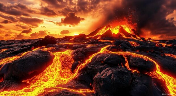 A 3D volcanic scene with molten lava flows, rugged rocks, and glowing ash under a fiery sky.