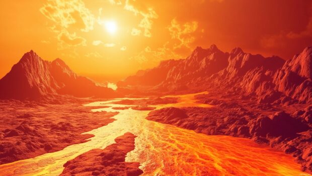 A 3D wallpaper 4K with molten lava flows, rugged rocks, and glowing ash under a fiery sky.