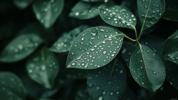 A 4K green leaf wallpaper featuring a close up view of dew covered leaves with intricate details.