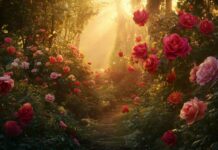 A 4K image of a rose garden at sunset, where the suns golden rays illuminate the roses.