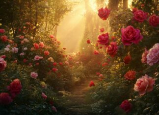 A 4K image of a rose garden at sunset, where the suns golden rays illuminate the roses.