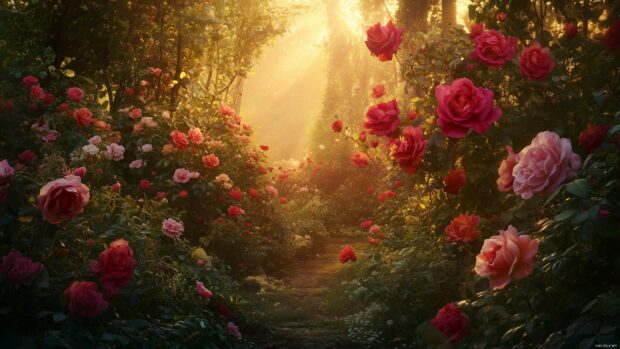 A 4K image of a rose garden at sunset, where the suns golden rays illuminate the roses.