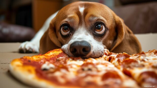 A Beagle caught in the act of stealing a pizza slice, with a guilty look on its face.