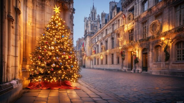 A Beautiful Christmas tree in a city square, surrounded by festive lights and decorations.