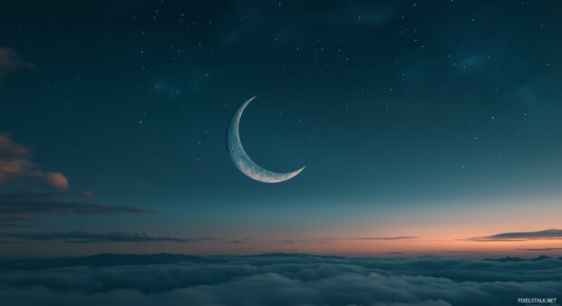 A Beautiful crescent moon set against a smooth gradient night sky with minimalist stars and thin, flowing clouds, creating a serene atmosphere.