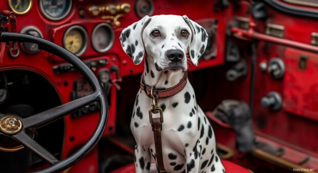 A Black and white Dalmatian dog wallpaper sitting on a vintage fire truck, with its iconic spots sharply contrasting the red.