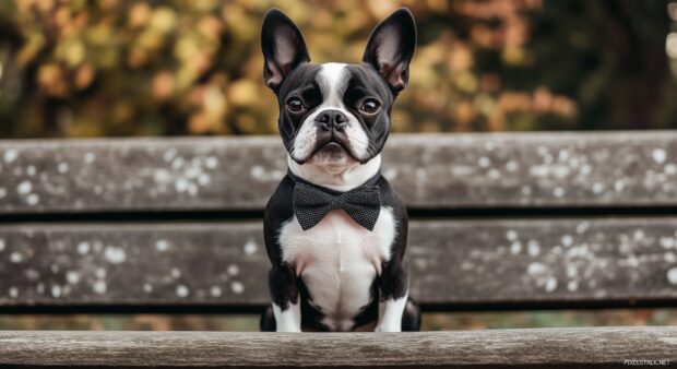 A Black and white dog Boston Terrier wearing a bowtie, sitting on a city park bench.