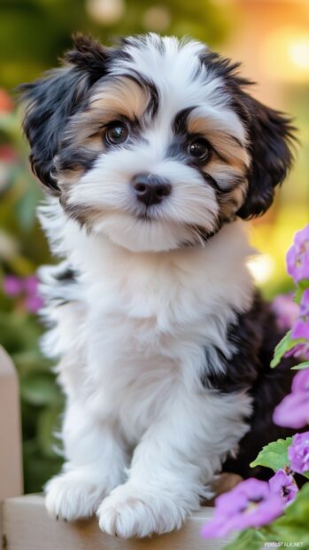 A Black and white puppy with fluffy fur and big eyes, sitting in a flower filled garden.