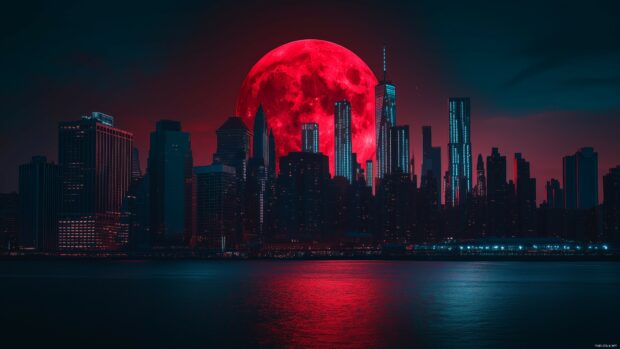 A Blood Moon 4K setting behind a silhouetted city skyline.