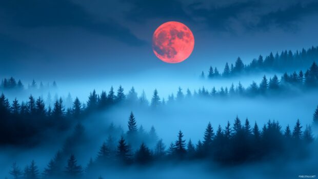 A Blood Moon glowing ominously over a dense, fog shrouded forest.