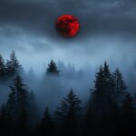 A Blood Moon glowing ominously over a dense, fog shrouded forest, with the moon red hue piercing through the mist and creating an otherworldly atmosphere.