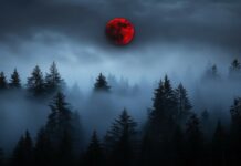 A Blood Moon glowing ominously over a dense, fog shrouded forest, with the moon red hue piercing through the mist and creating an otherworldly atmosphere.