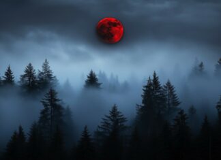 A Blood Moon glowing ominously over a dense, fog shrouded forest, with the moon red hue piercing through the mist and creating an otherworldly atmosphere.