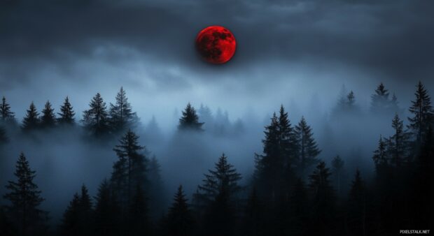 A Blood Moon glowing ominously over a dense, fog shrouded forest, with the moon red hue piercing through the mist and creating an otherworldly atmosphere.