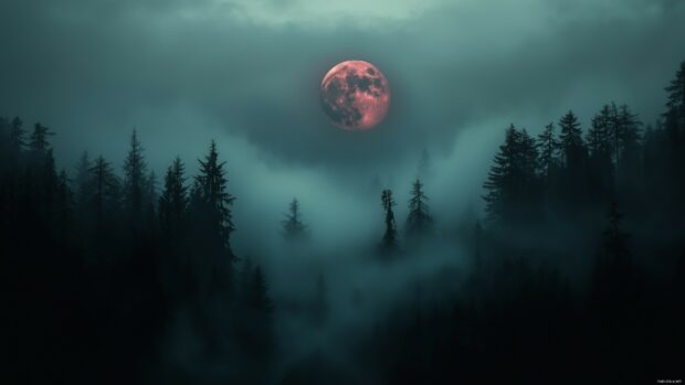 A Blood Moon glowing ominously over a dense, fog shrouded forest, with the moon’s red hue piercing through the mist and creating an otherworldly atmosphere3.