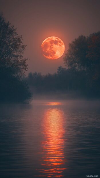 A Blood Moon hanging low in the sky above a tranquil, misty river.