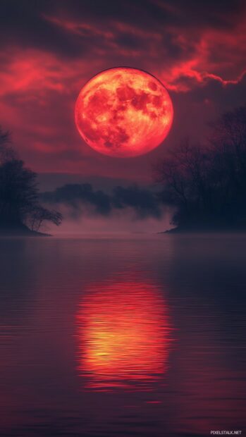 A Blood Moon hanging low in the sky above a tranquil, misty river, with its deep red glow reflecting on the water.