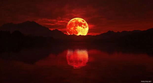 A Blood Moon rising above a serene lake.