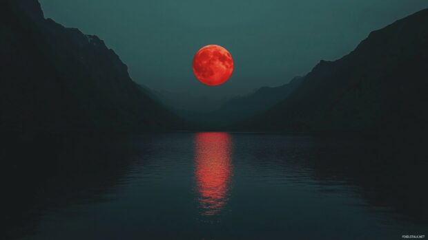 A Blood Moon rising above a serene lake, its eerie red light reflecting on the still water with a silhouette of distant mountains.