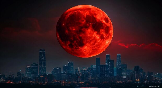 A Blood Moon setting behind a silhouetted city skyline.