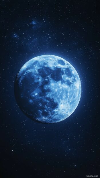 A Blue Moon wallpaper casting its soft, blue light over a picturesque night sky filled with shimmering stars.