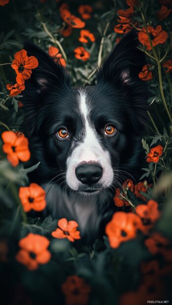 A Border Collie puppy with a curious expression, exploring a garden filled with blooming flowers.