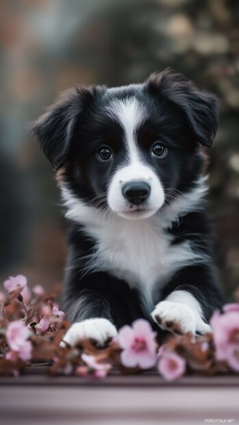 A Border Collie puppy with a curious expression, exploring a garden filled with blooming flowers.