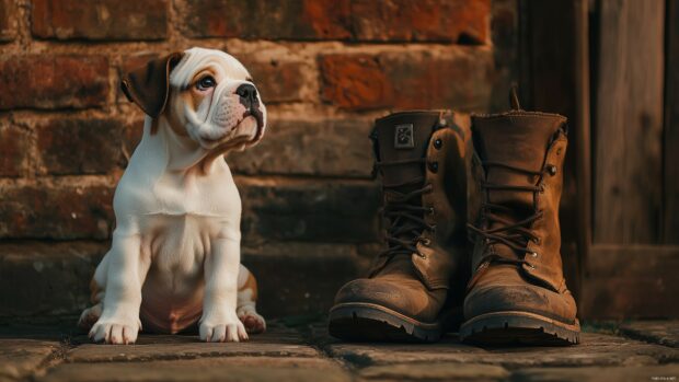 A Bulldog puppy sitting beside a pair of worn work boots, looking up with a curious expression.