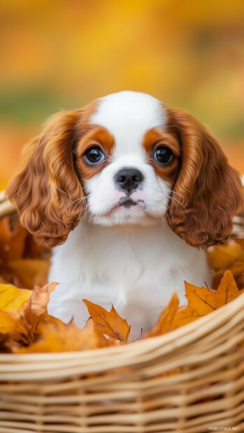 A Cavalier King Charles Spaniel puppy with a soft coat, sitting in a wicker basket surrounded by autumn leaves.