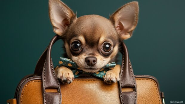 A Chihuahua peeking out of a handbag, wearing a tiny bow tie.