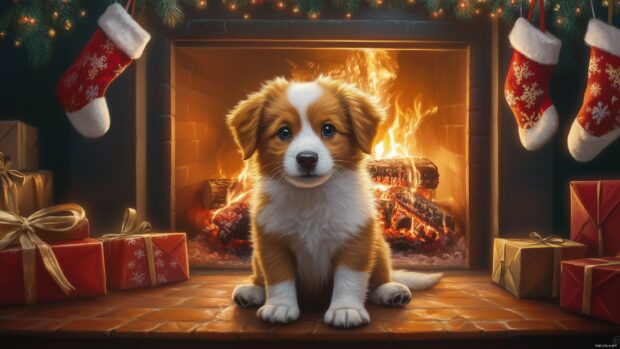 A Christmas puppy sitting in front of a roaring fireplace, with stockings and garlands hung above (2).