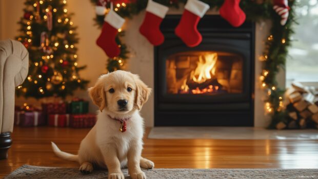 A Christmas puppy sitting in front of a roaring fireplace, with stockings and garlands hung above (3).