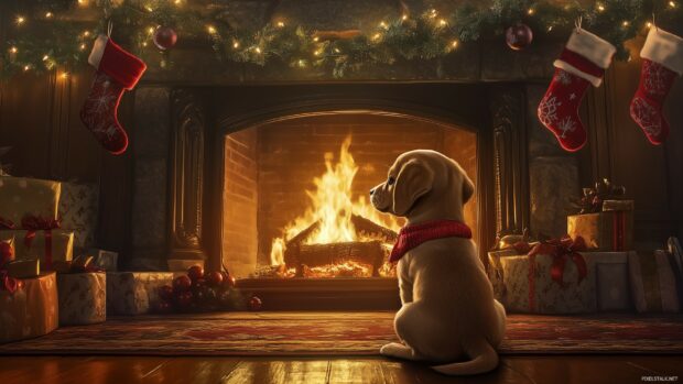 A Christmas puppy sitting in front of a roaring fireplace, with stockings and garlands hung above (4).