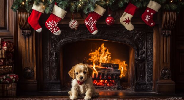 A Christmas puppy sitting in front of a roaring fireplace, with stockings and garlands hung above.