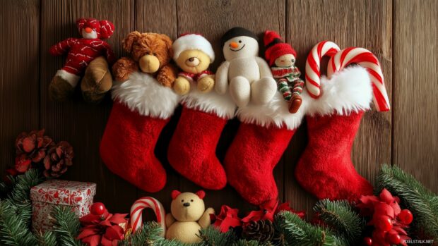 A Christmas stocking filled with cute plush toys and candy canes.