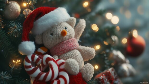 A Christmas stocking filled with cute plush toys and candy canes, Preppy Christmas HD Desktop Wallpaper.