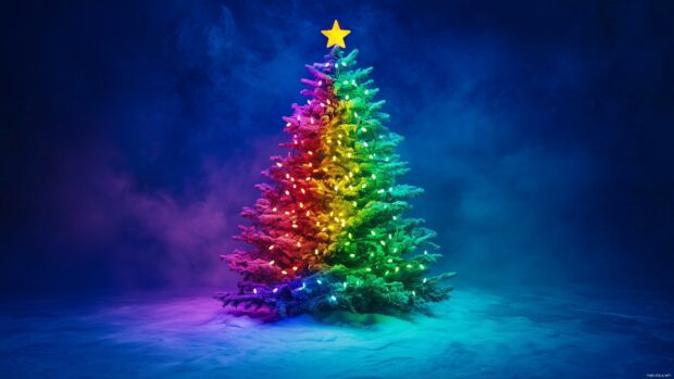 A Christmas tree 4K wallpaper with rainbow colored lights and decorations.