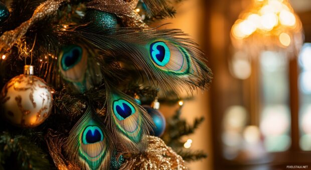 A Christmas tree adorned with peacock feathers and jewel toned ornaments.