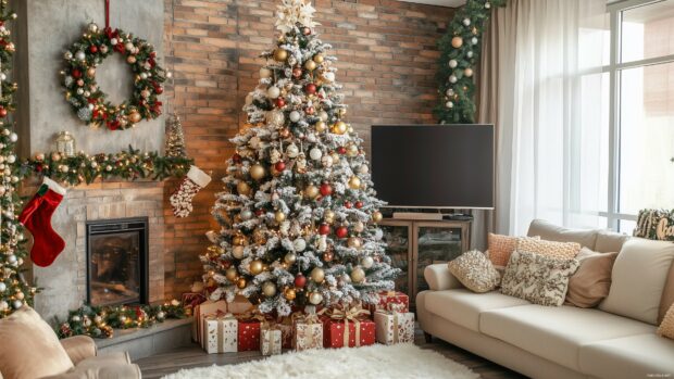 A Christmas tree decorated with handmade ornaments and popcorn garlands.