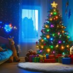 A Christmas tree in a child's bedroom, decorated with colorful lights and stuffed animals.