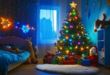 A Christmas tree in a child's bedroom, decorated with colorful lights and stuffed animals.